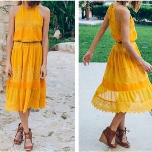 HD in Paris Yellow Lace Tiered Midi Dress Size Small Anthropologie Boho